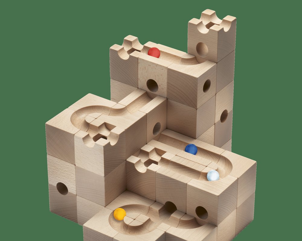 Cuboro wooden marble run with coloured marbles